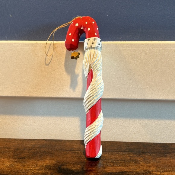 Candy Cane Santa Ornament Carved Christmas Wood wrapped white beard star - Picture 2 of 5